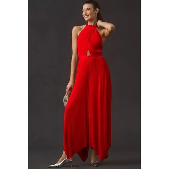 NWD By Anthropologie Plisse Pleated Open Back Halter Jumpsuit Size 0 Red 9C401 - Picture 1 of 14